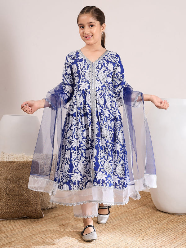 Girls Ethnic Motifs Printed Regular Gotta Patti Pure Cotton Kurta With Palazzos & With Dupatta - PS Peaches