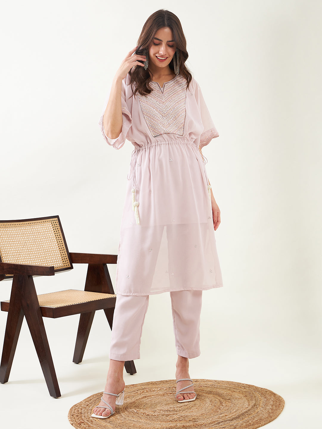 Women's Lilac Hand Embroidered Kaftan Kurta With Pants And Slip - The Kaftan Company