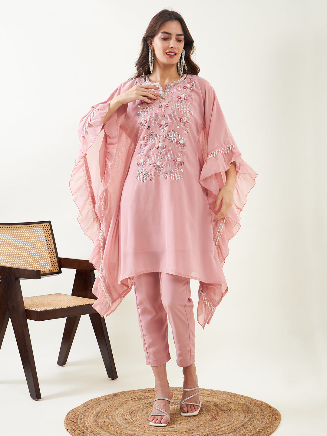 Women's Pink Hand Embroidered Ruffled Kurta With Pants And Slip - The Kaftan Company