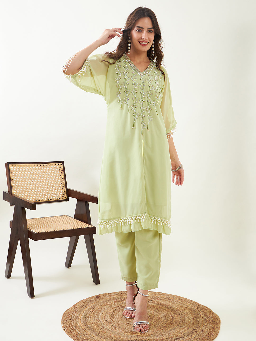 Women's Light Green Hand Embroidred Party Kaftan With Slip And Pants - The Kaftan Company