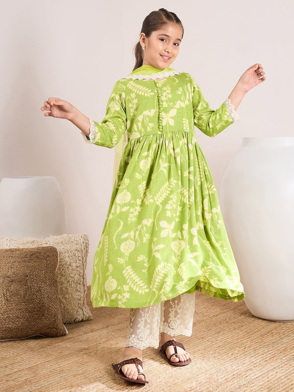 Girls Floral Printed Empire Kurta With Trousers & With Dupatta - PS Peaches