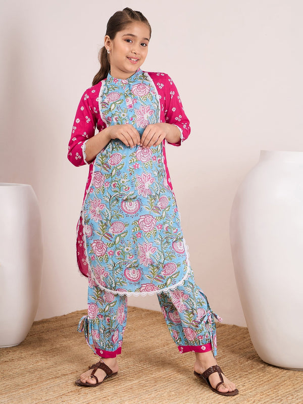 Girls Ethnic Motifs Printed Regular Pure Cotton Kurta With Palazzos - PS Peaches