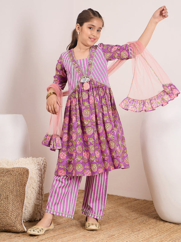 Girls Floral Printed Empire Gotta Patti Pure Cotton Kurta With Palazzos & With Dupatta - PS Peaches