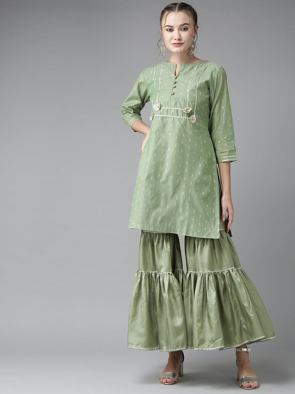 Green And Golden Woven Design Kurta With Sharara