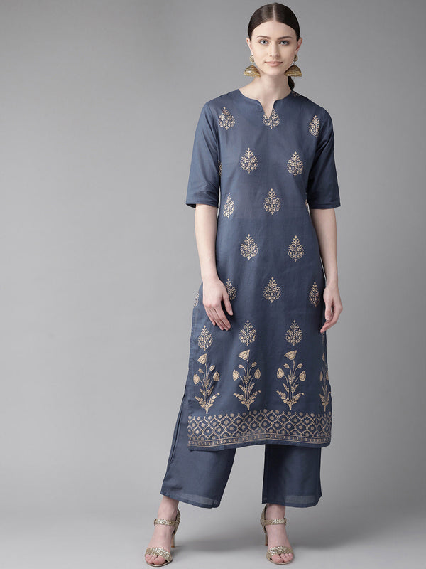 Blue and golden block print kurta with palazzos