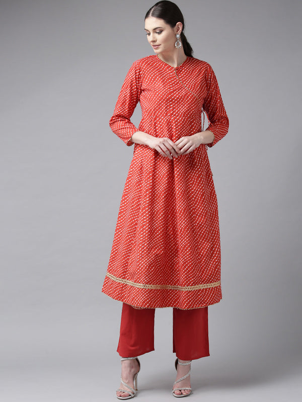 Red And White Printed Kurta With Palazzos