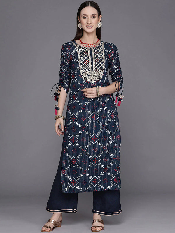 Women's Blue Printed Straight Kurta With Palazzos Set - Navyaa