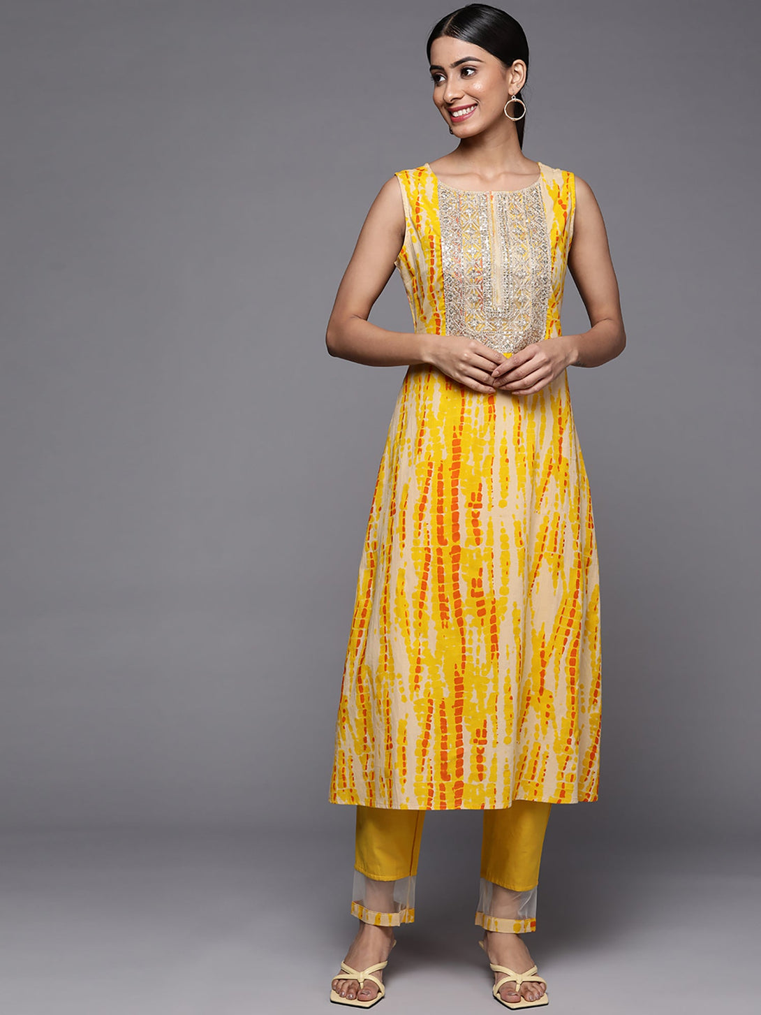 Women's Yellow Tie & Dye A-Line Kurta Trouser Set - Indo Era