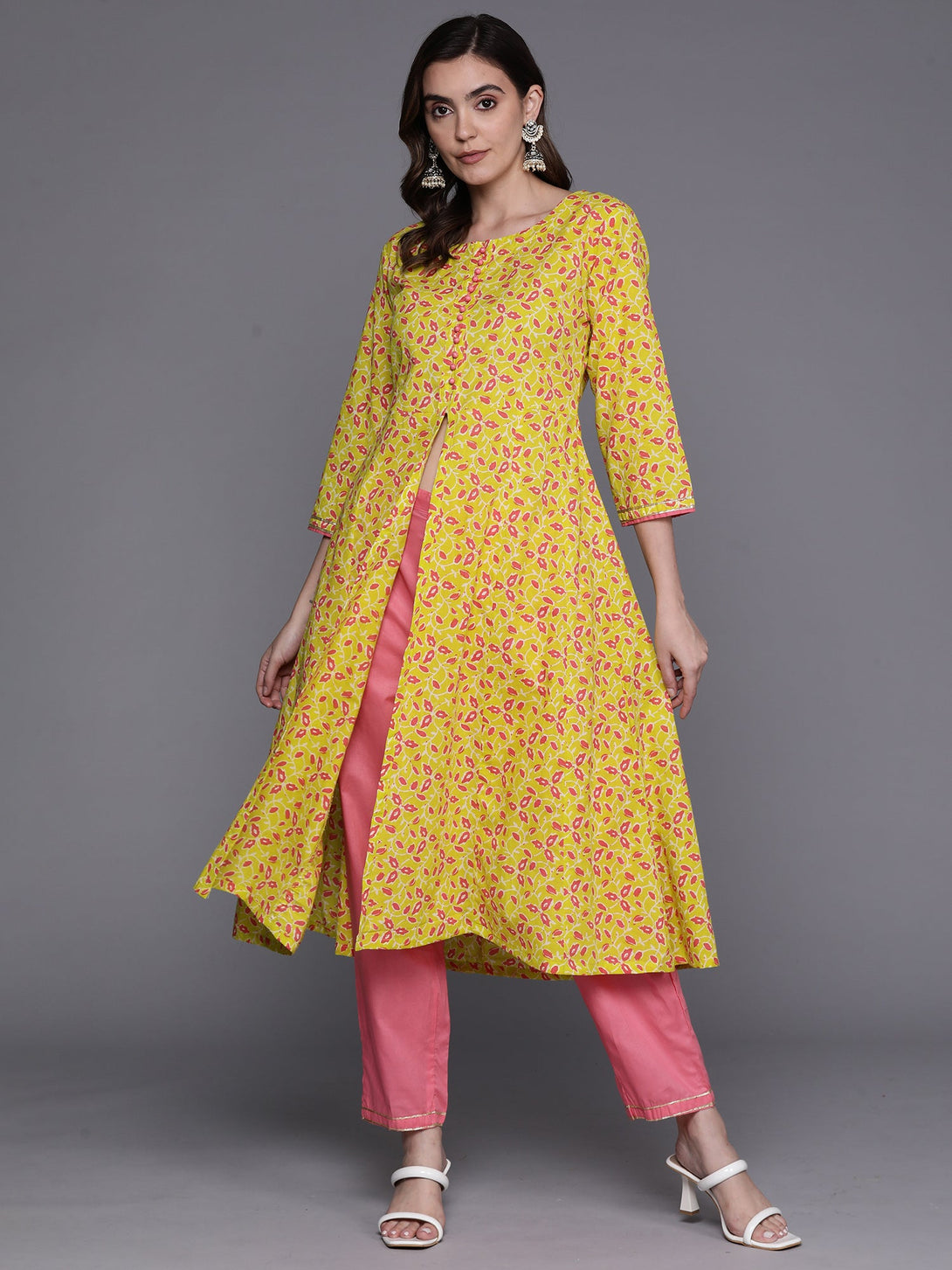 Women's Yellow Printed A-Line Kurta Trousers Na Set - Indo Era