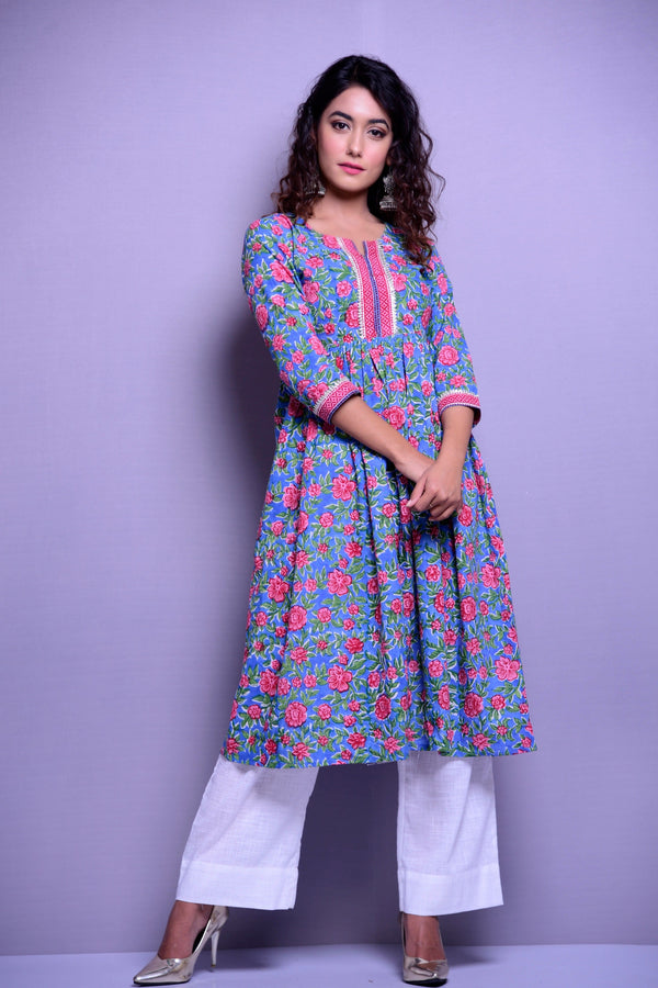 Women's Blue Floral Gather Kurta - Kiswah