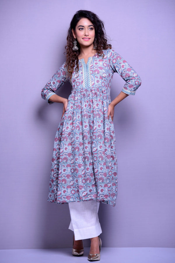 Women's Grey Floral Gather Kurta - Kiswah