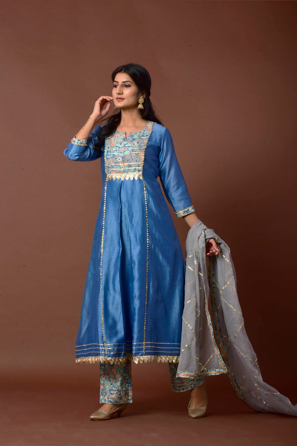 Women's Blue Chanderi Silk Suit Set - Kiswah