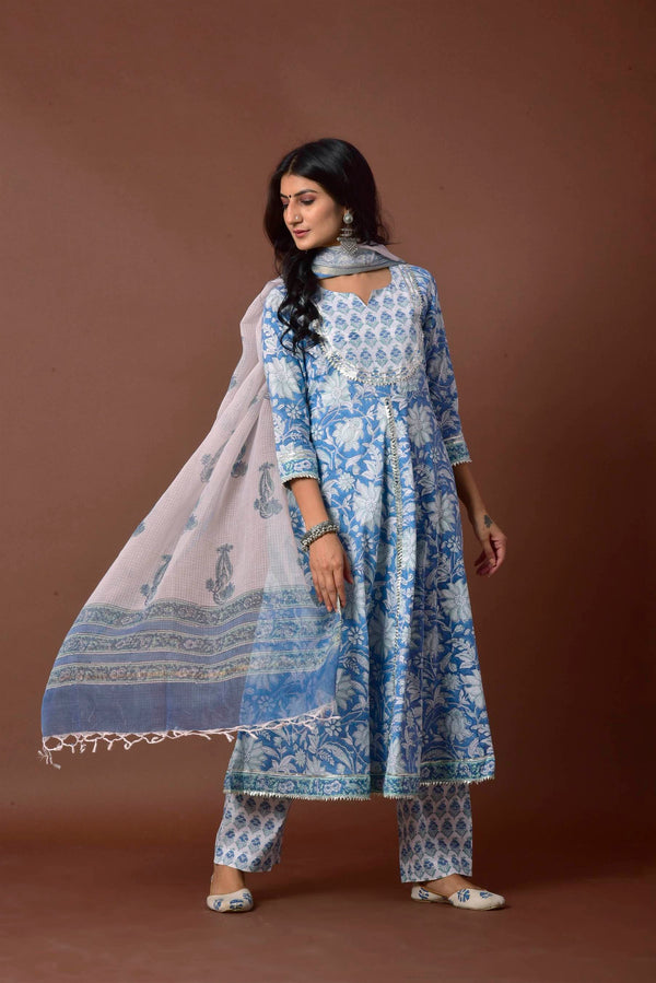 Women's Blue & White Anarkali suit - Kiswah