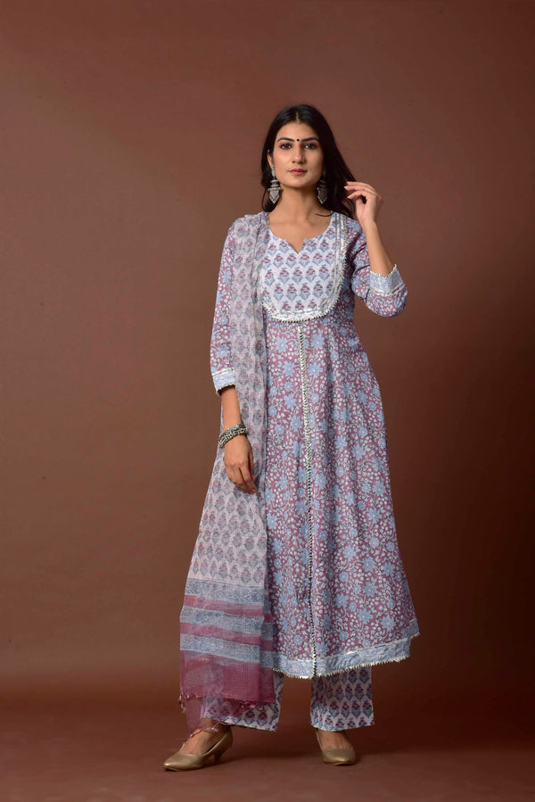 Women's Lilac & White Anarkali suit - Kiswah