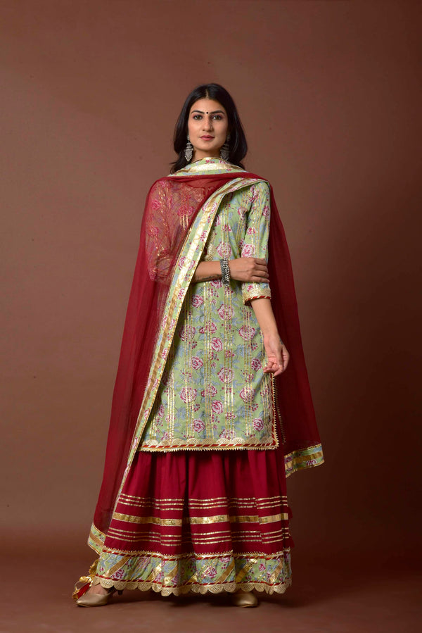 Women's Mint Green and Maroon Gota Overload Set - Kiswah