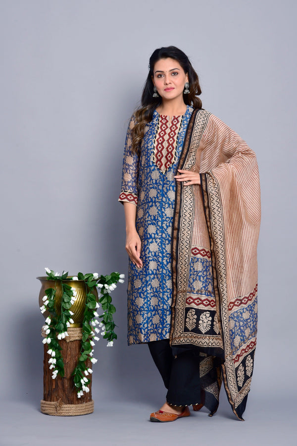 Women's Blue and  Black Chanderi Silk suit Set - Kiswah