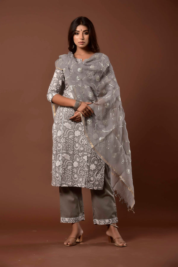 Women's Grey Gota Dupatta Suit Set - Kiswah