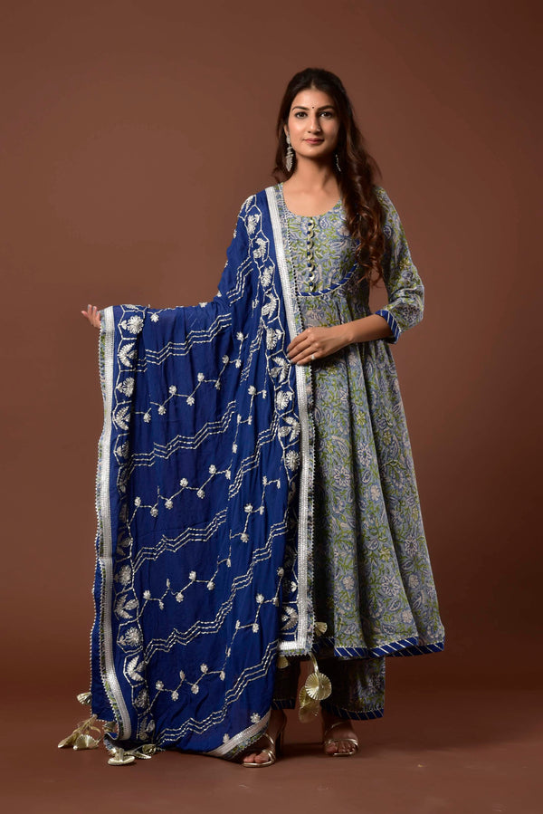 Women's Blue gulmohar anarkali Set - Kiswah