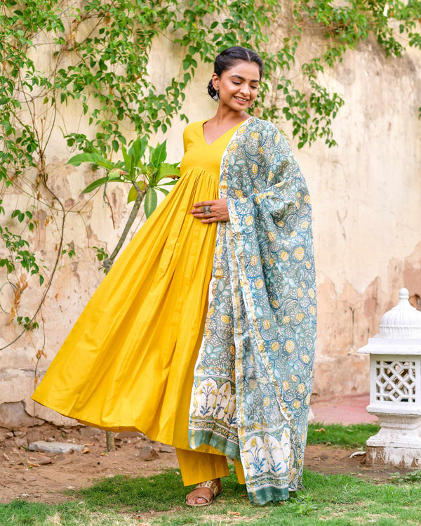 Women Mustard Yellow Cotton Anarkali Kurta with Pants & Dupatta by Kiswah (3pcs Set)