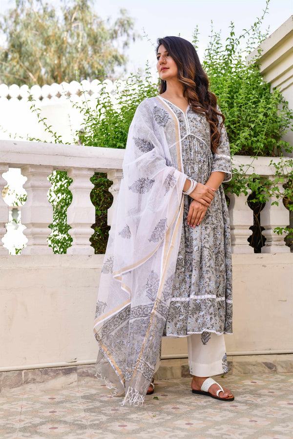 Women's Charisma Grey and Blue Anarkali - Kiswah