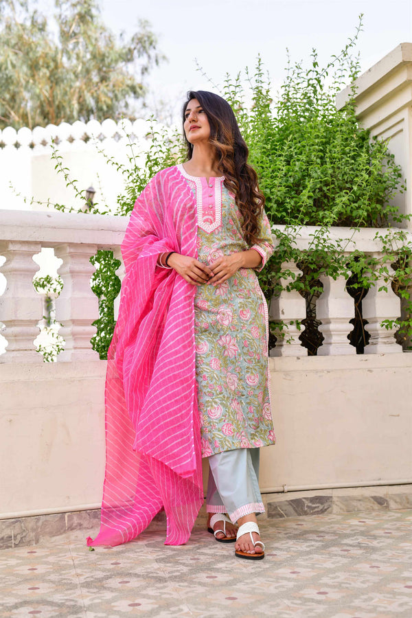 Women's Green and Pink Leher Suit Set  - Kiswah