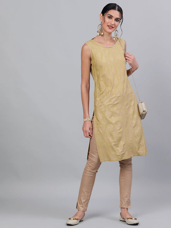 Women's Beige Printed Straight Kurta - Aks