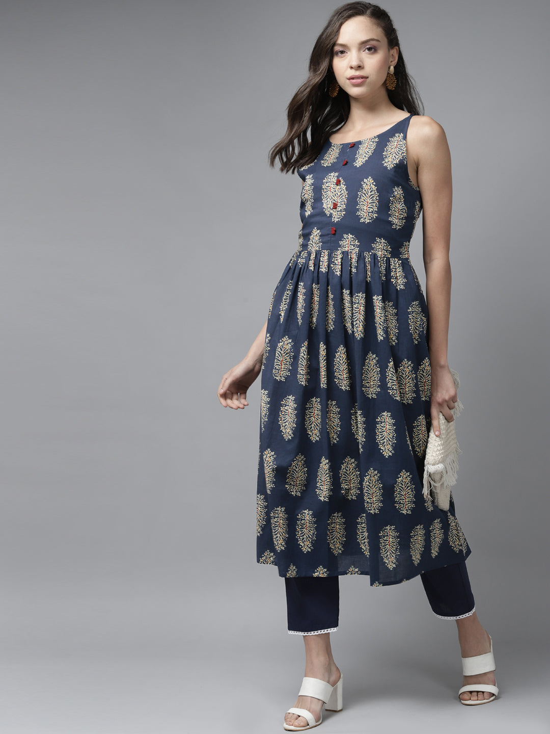 Women's Blue Floral Printed A-Line Kurta - Indo Era