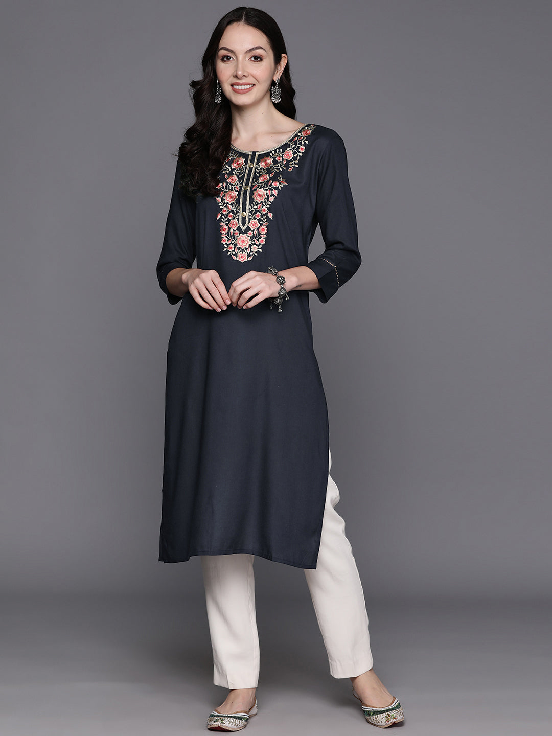 Women's Blue Embroidered Straight Kurtas  - Indo Era