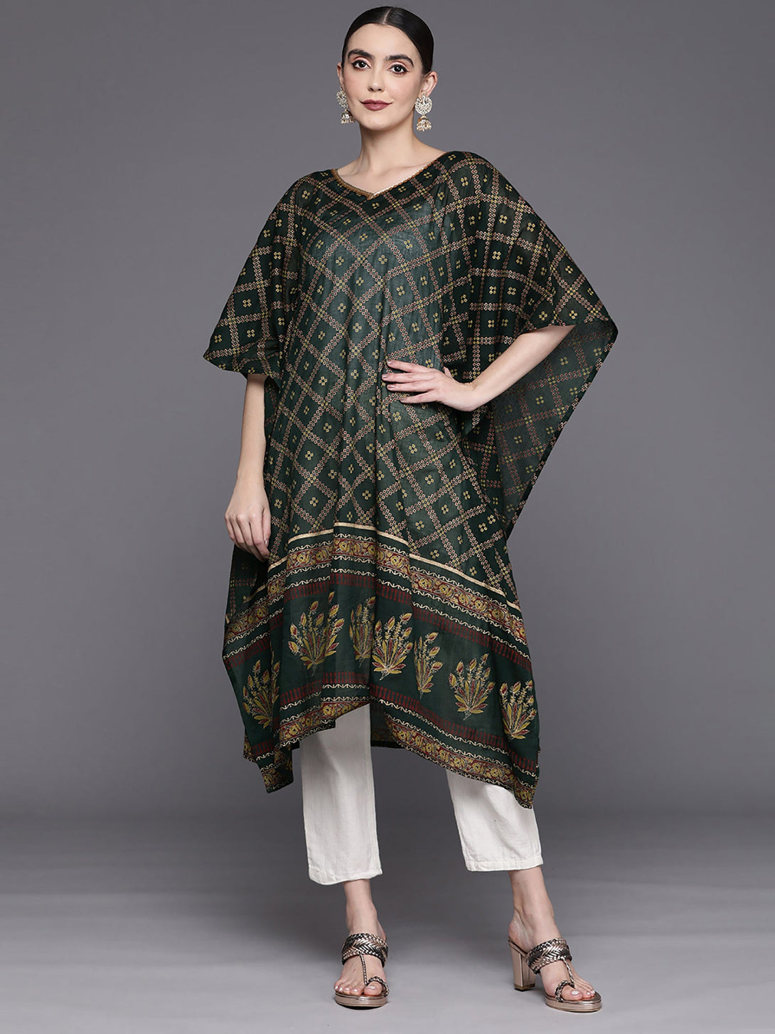 Women's Green Printed Straight Kaftan - Indo Era