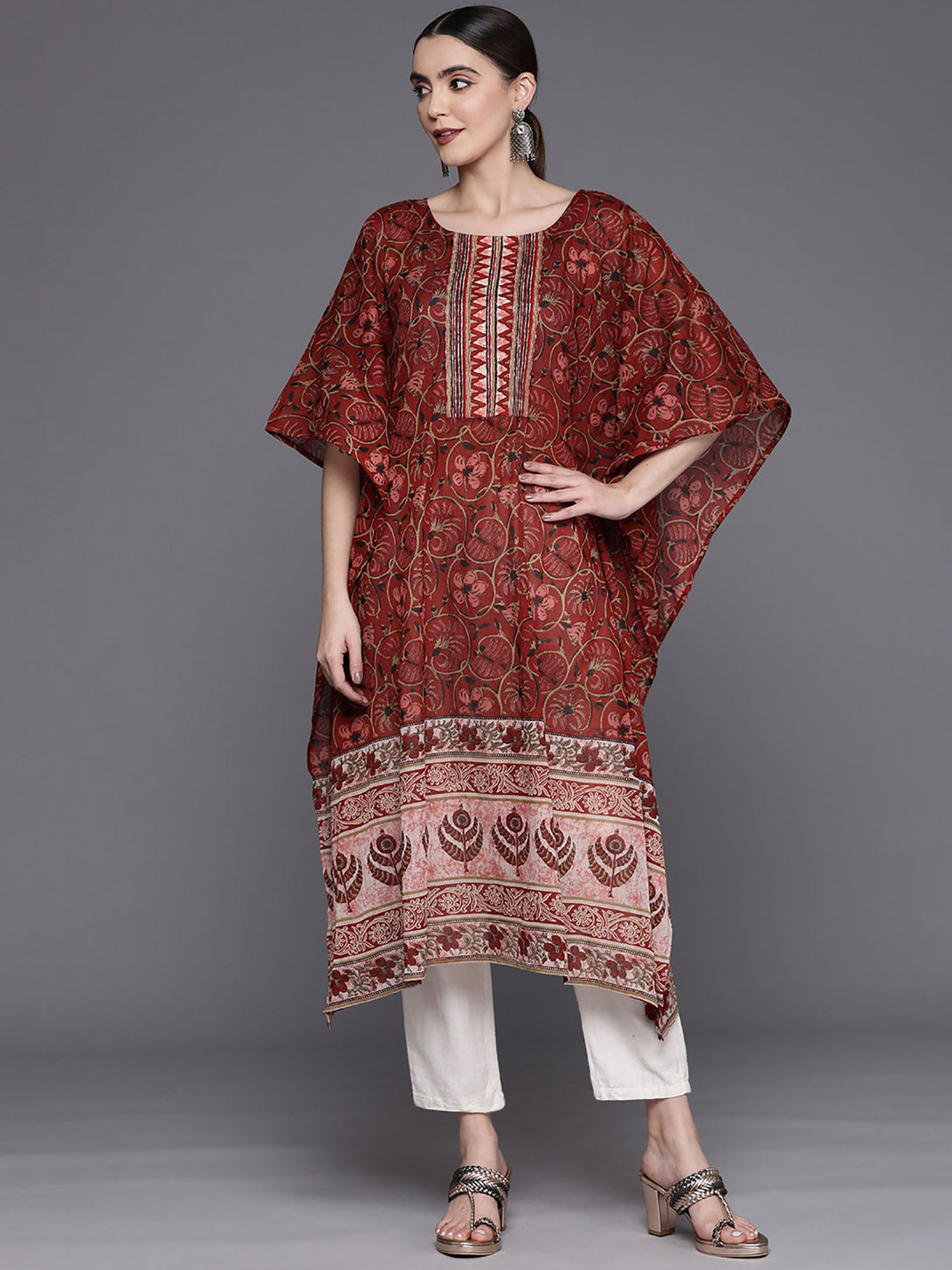 Women's Maroon Printed Straight Kaftan - Indo Era