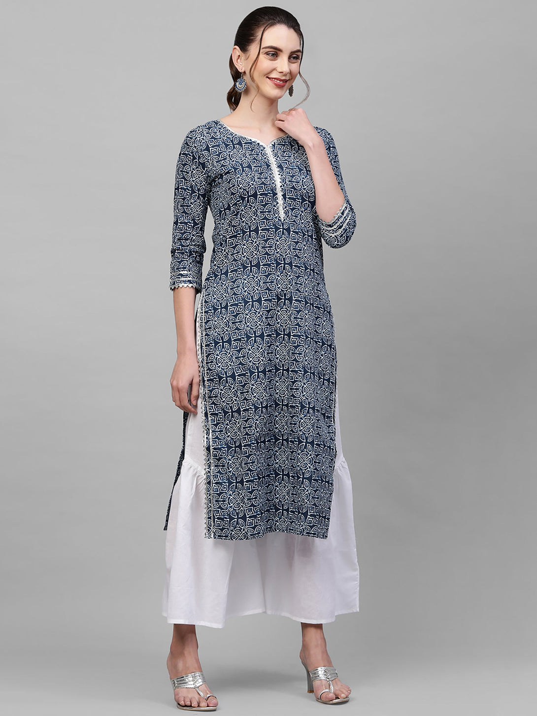 Women's Navy Blue Printed Kurta  - Indo Era