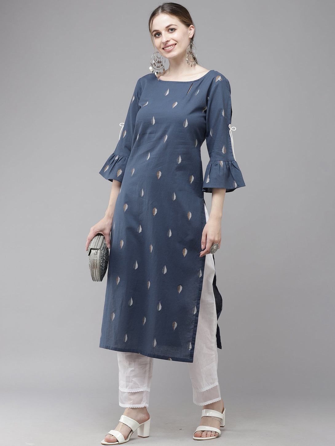 Women's Navy Blue Printed Straight Kurta - Indo Era