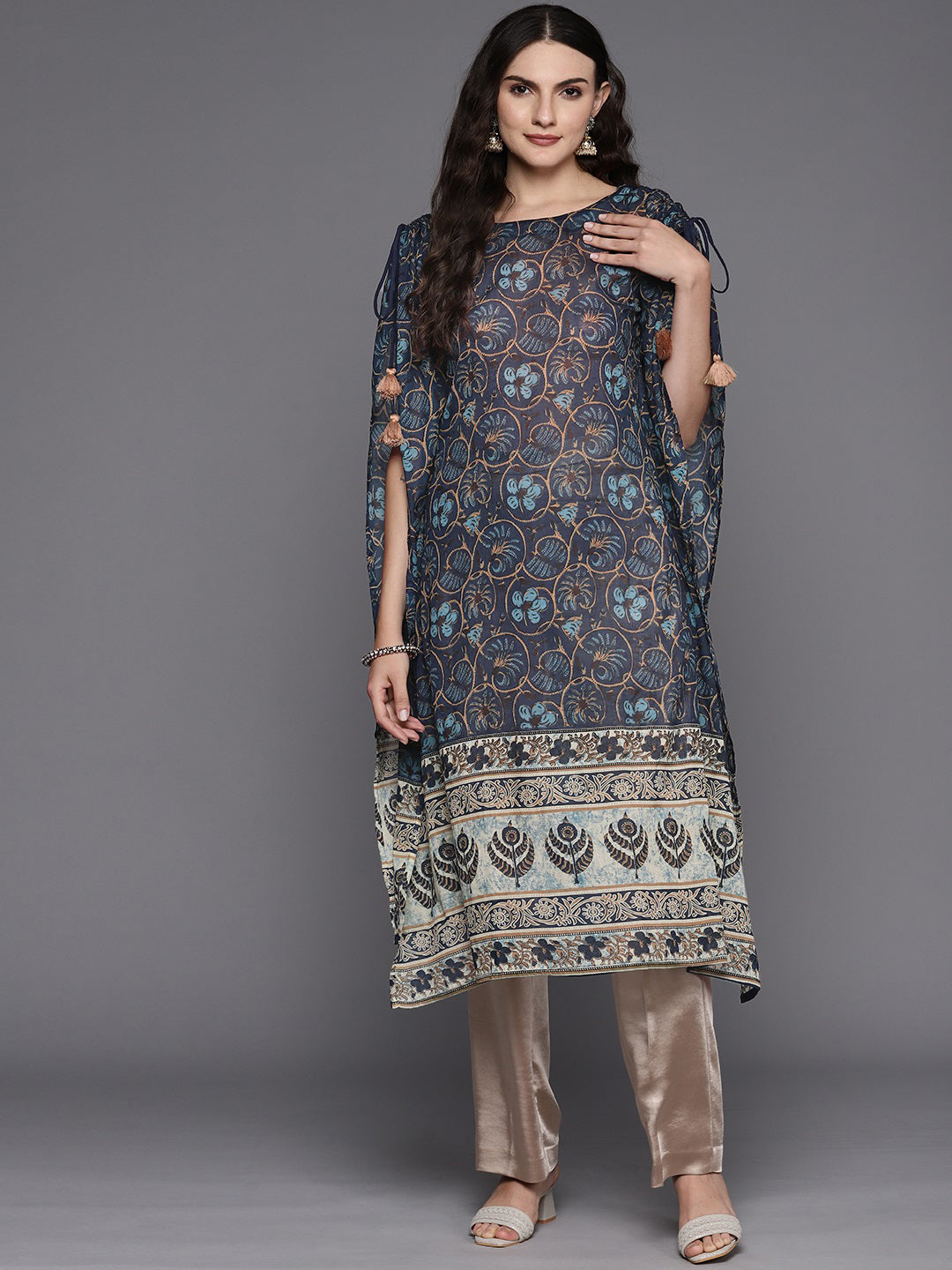 Women's Navy Blue Printed Straight Kaftan - Indo Era