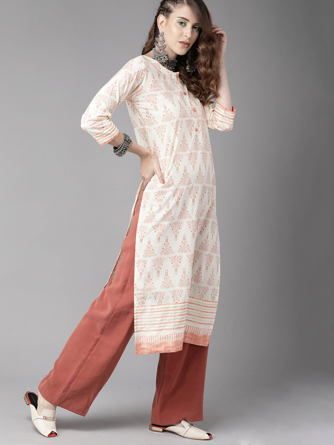 Women's Off White Foil Printed Straight Kurtas - Indo Era