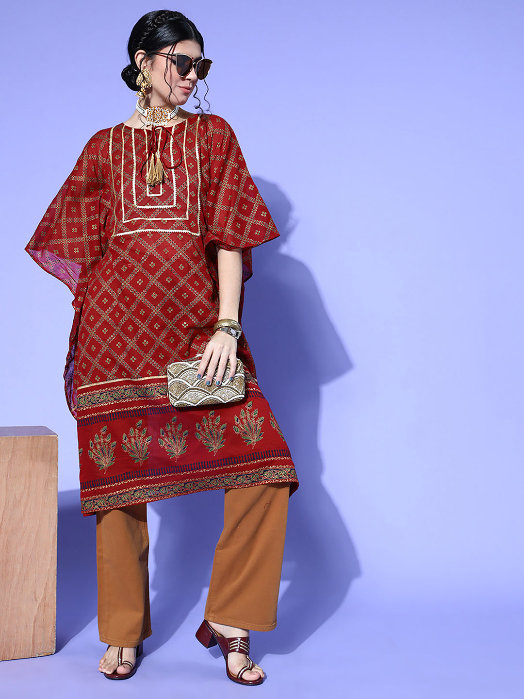 Women's Red Printed Kuftan Kurta - Indo Era