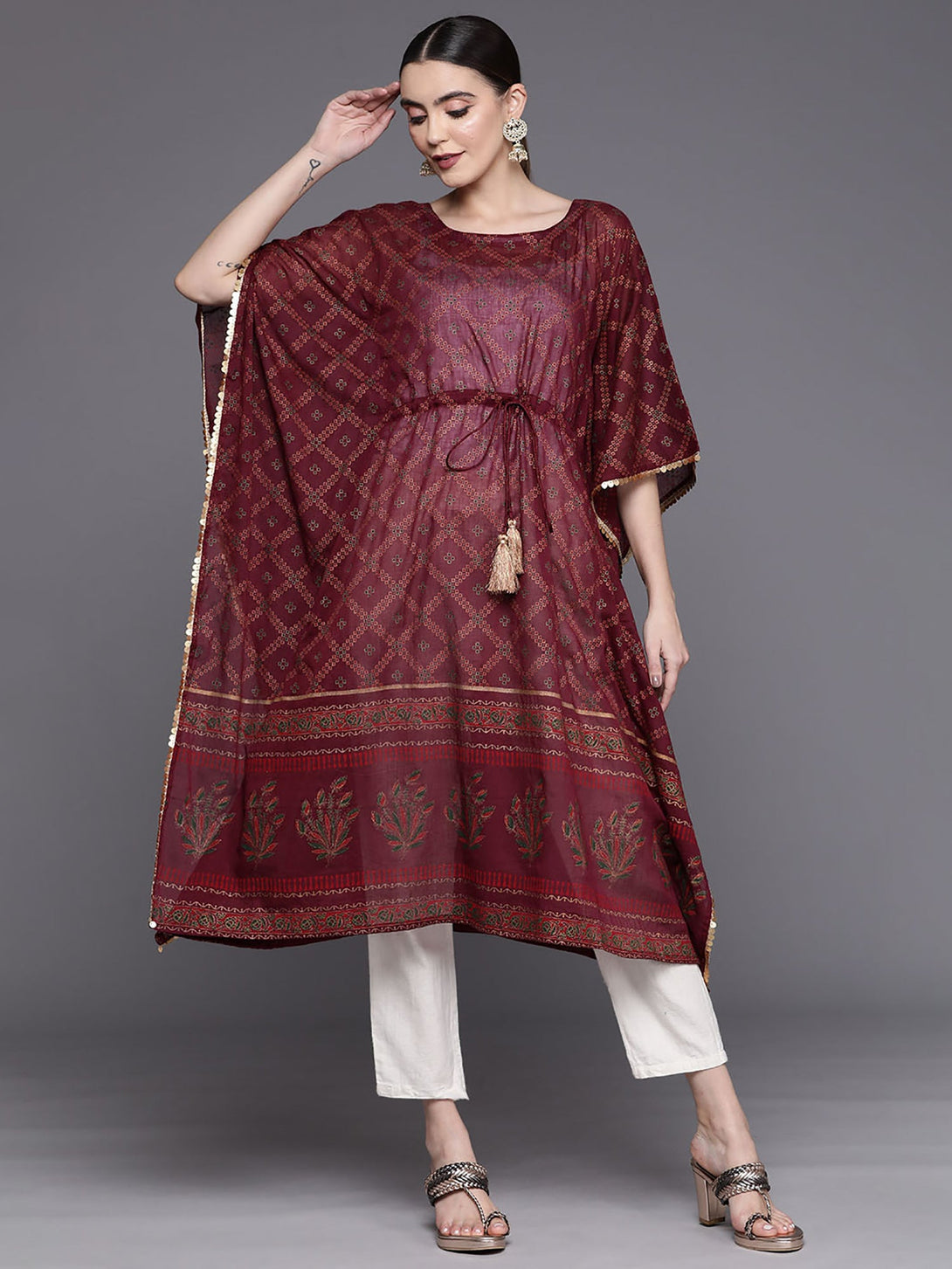 Women's Wine Printed Straight Kaftan - Indo Era