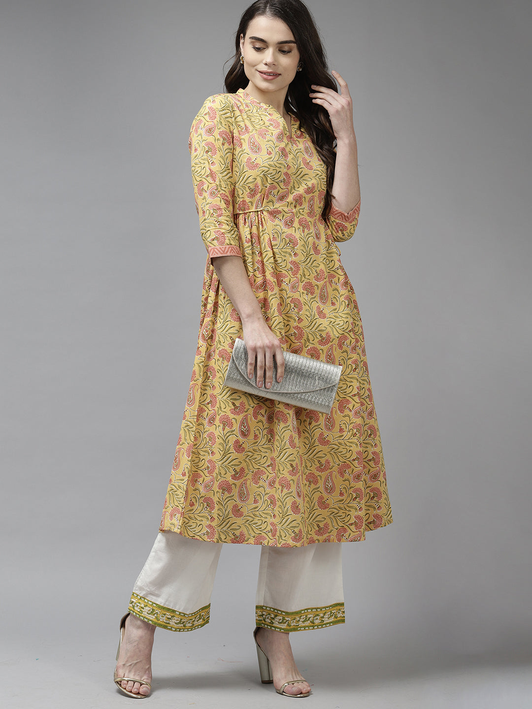 Women's Yellow Floral Printed A-Line Kurta - Indo Era