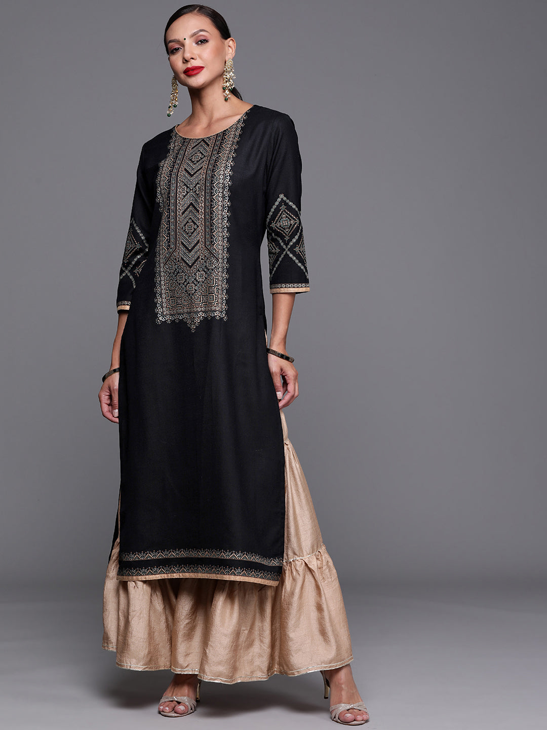 Women's Black Foil Printed Straight Kurtas  - Indo Era