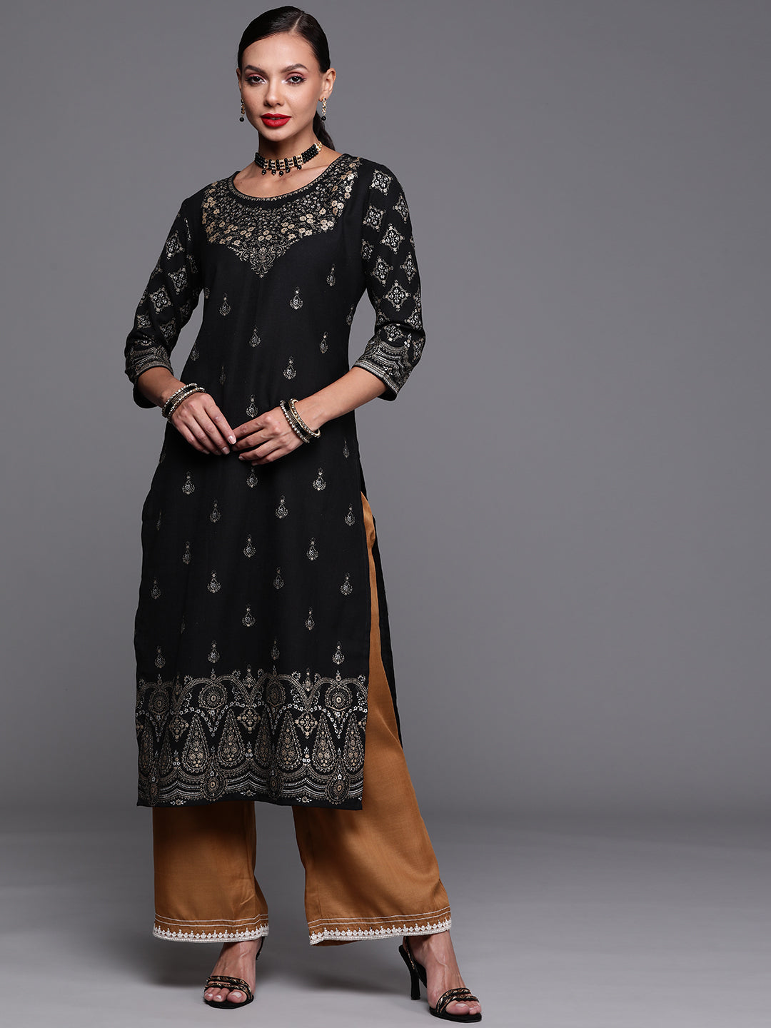 Women's Black Foil Printed Straight Kurtas  - Indo Era