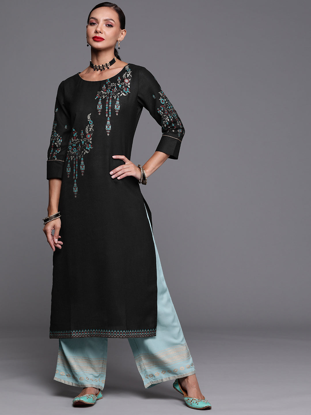 Women's Black Foil Printed Straight Kurtas  - Indo Era