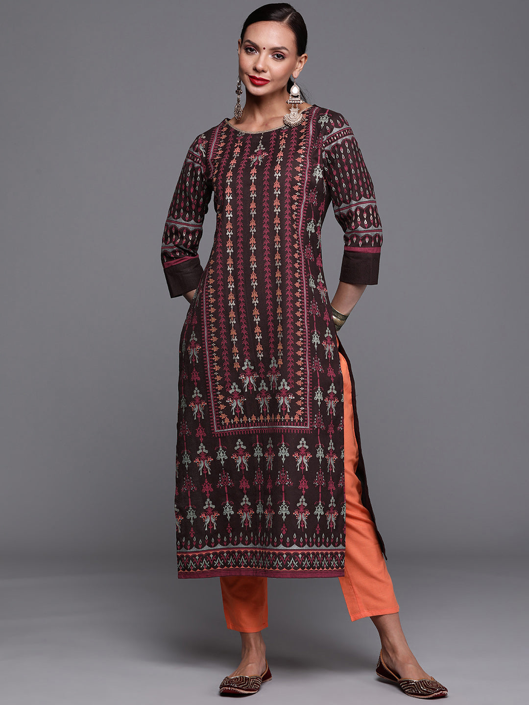 Women's Brown Foil Printed Straight Kurtas  - Indo Era