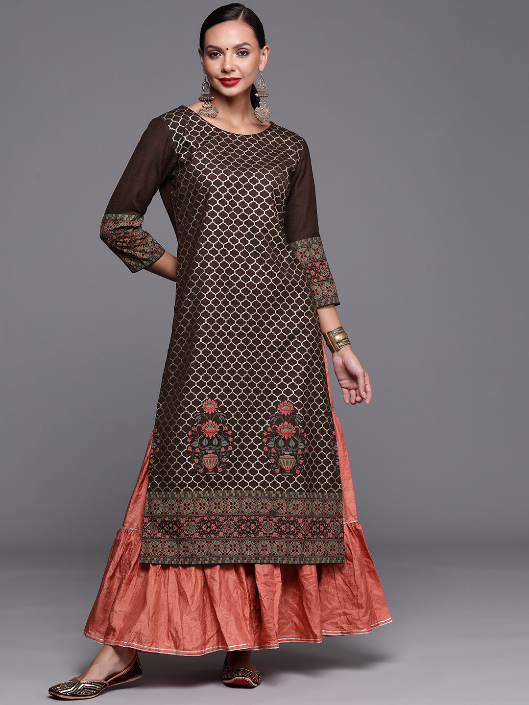 Women's Brown Foil Printed Straight Kurtas  - Indo Era