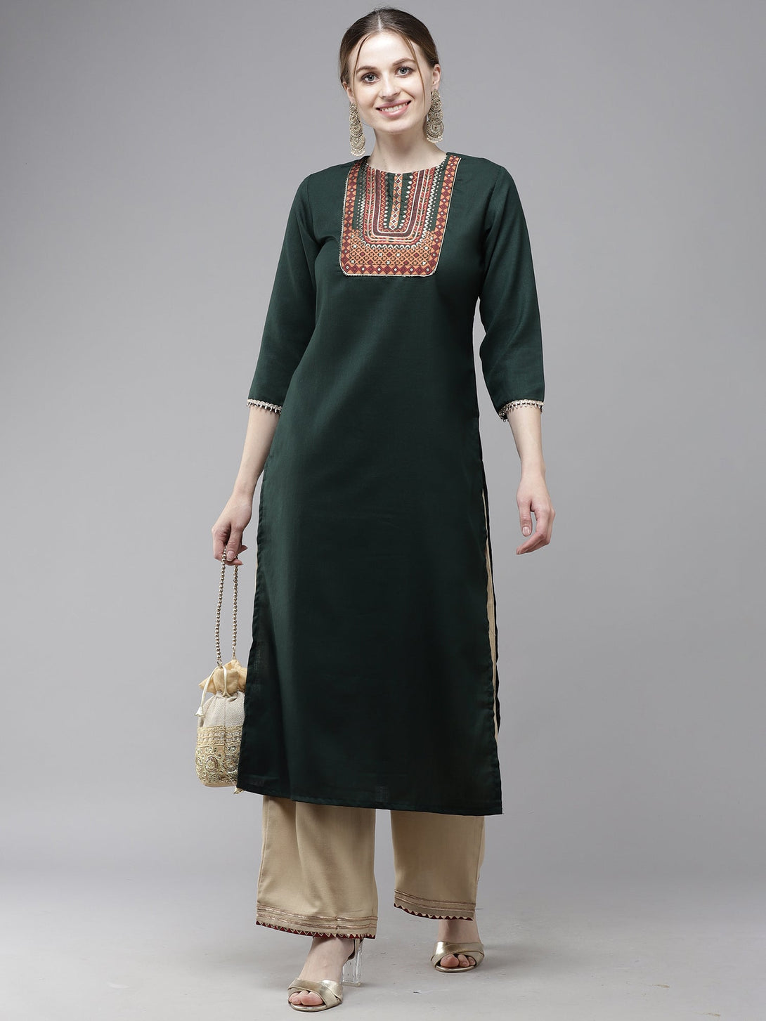 Women's Green Solid Straight Kurta - Indo Era