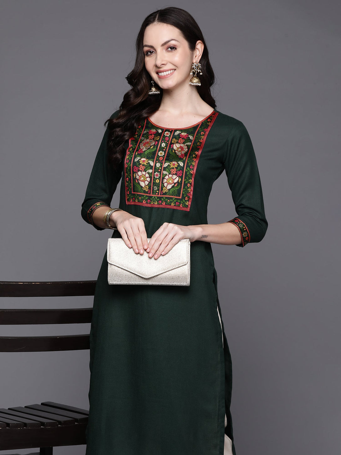 Women's Green Yoke Design Straight Kurtas - Indo Era