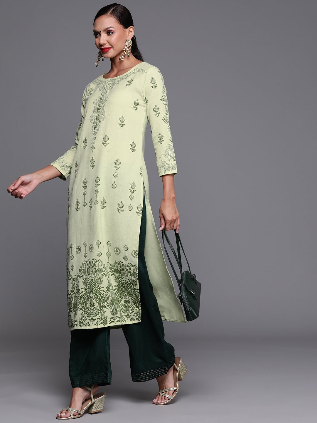 Women's Green Foil Printed Straight Kurtas  - Indo Era