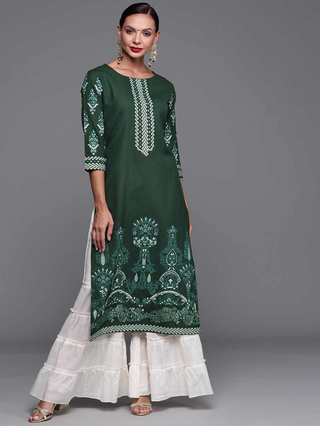 Women's Green Foil Printed Straight Kurtas  - Indo Era