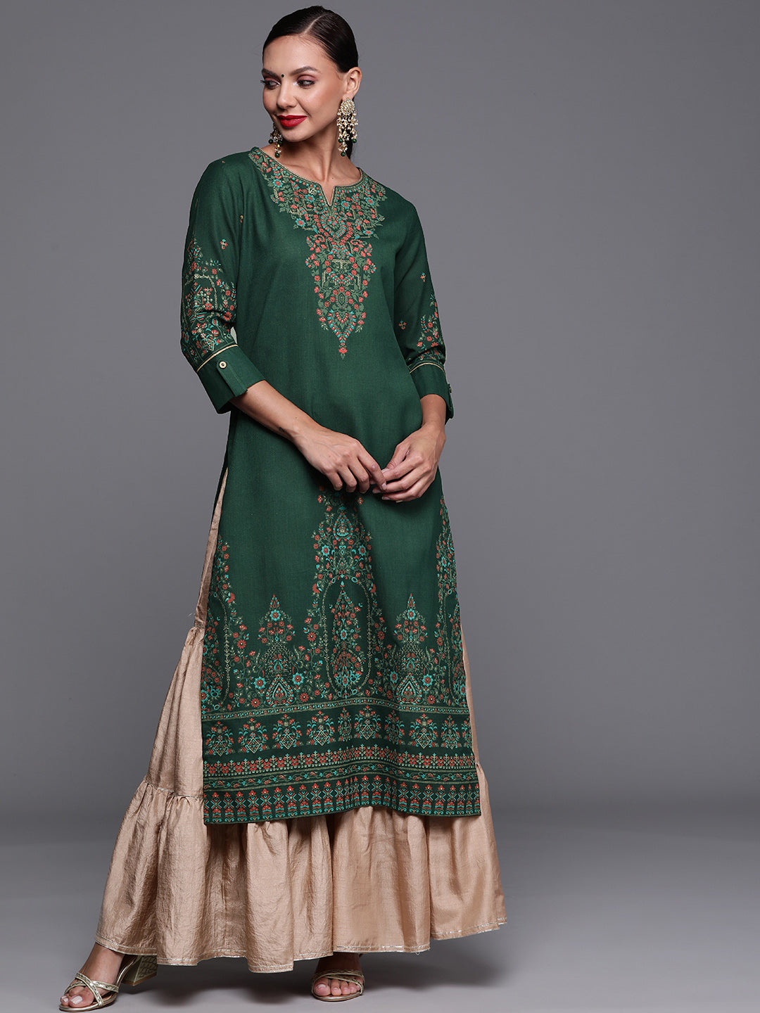 Women's Green Foil Printed Straight Kurtas  - Indo Era