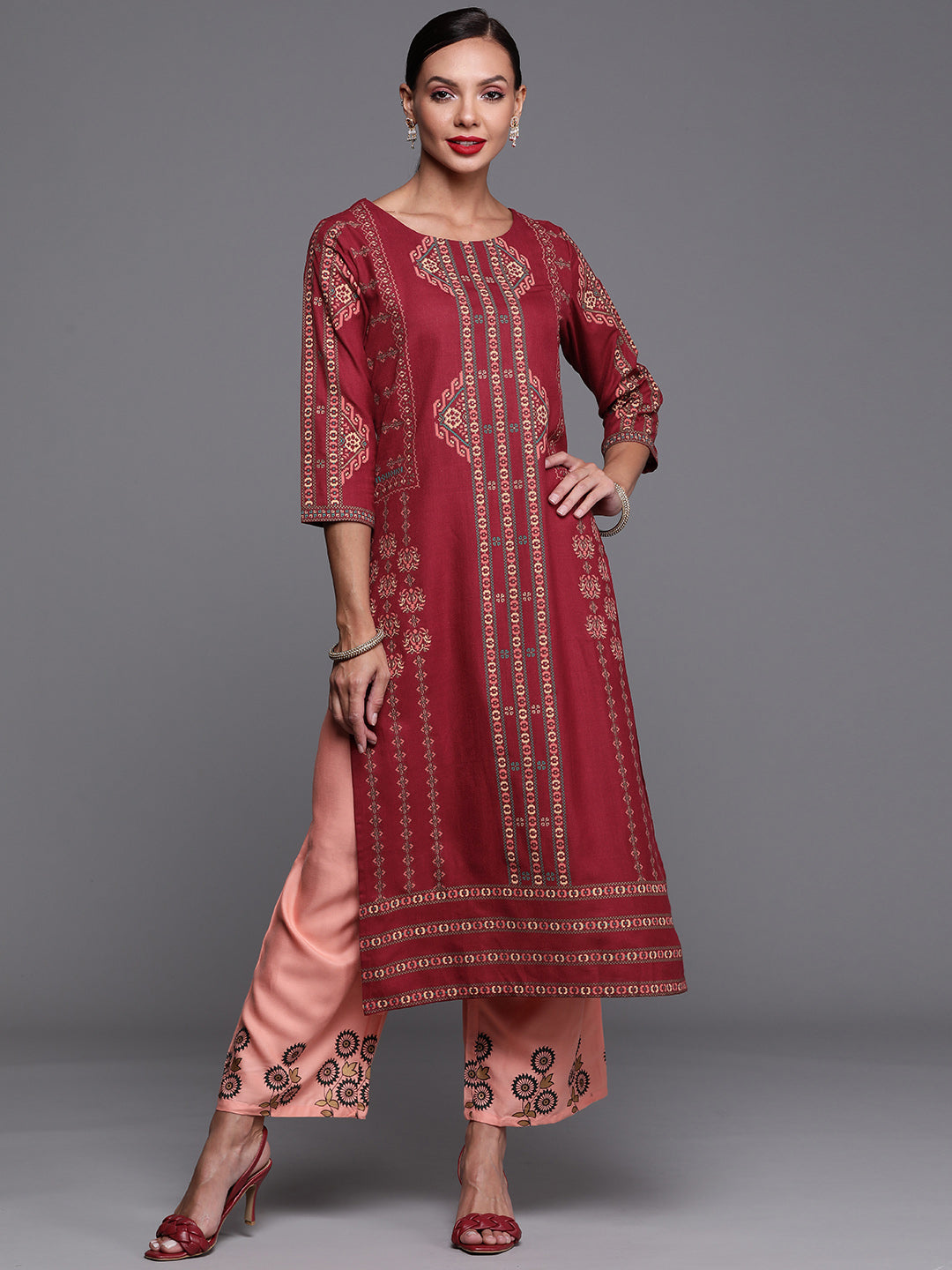 Women's Maroon Foil Printed Straight Kurtas  - Indo Era