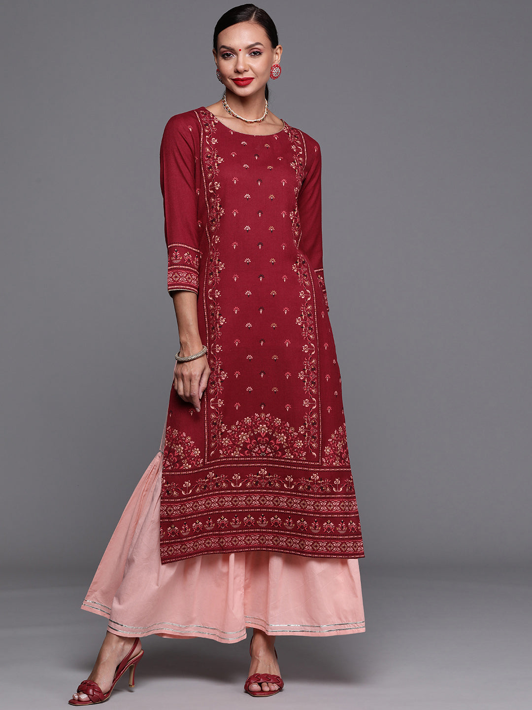 Women's Maroon Foil Printed Straight Kurtas  - Indo Era