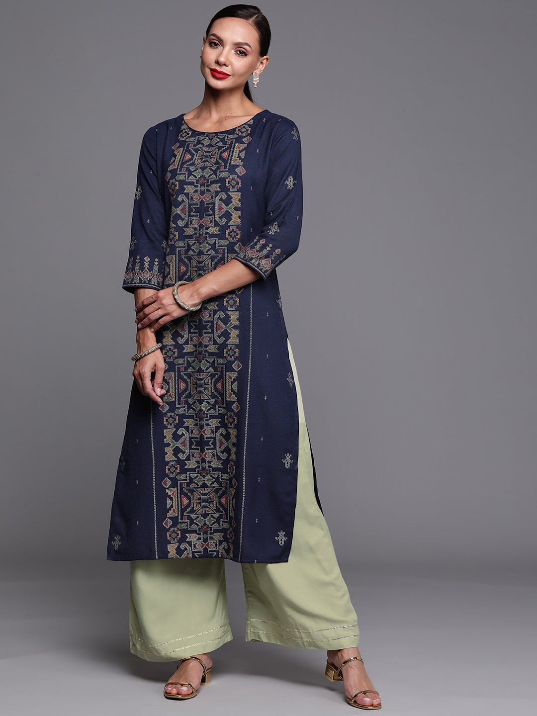 Women's Navy Blue  Foil Printed Straight Kurtas  - Indo Era